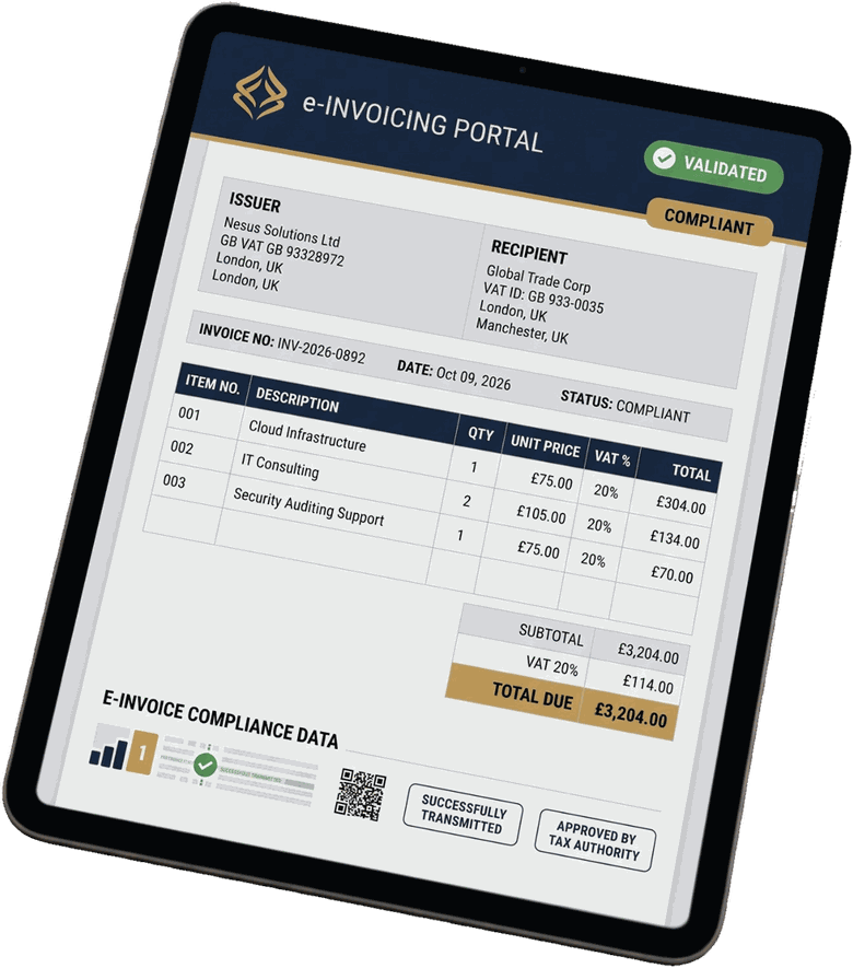 Tablet showing a compliant e-invoice marked valid