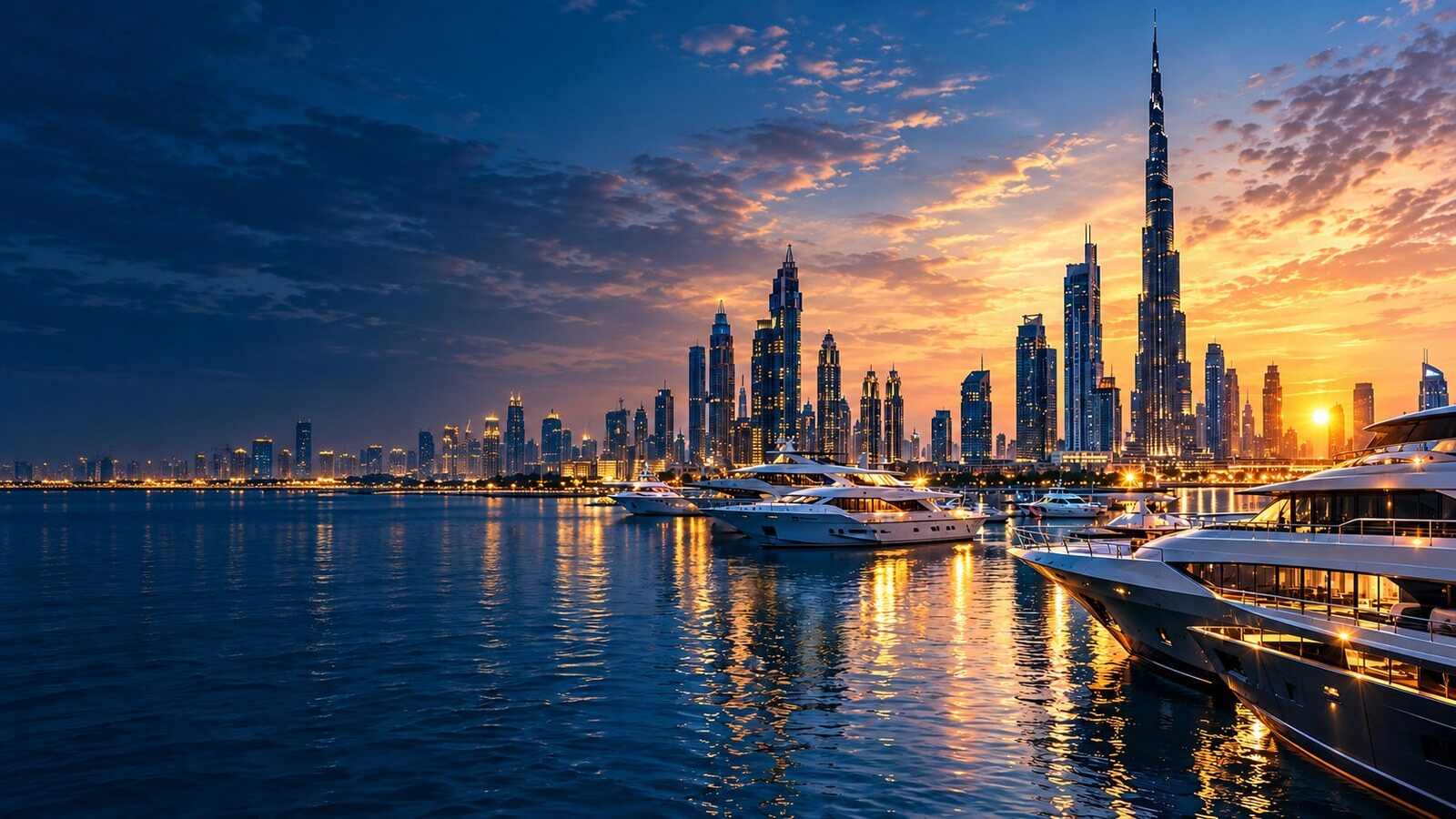 Dubai skyline and marina at sunset