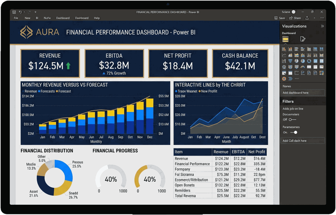 Executive Power BI dashboard showing revenue, EBITDA, net profit and cash balance